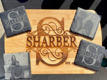 Load image into Gallery viewer, Custom Engraved Cutting Board and Slate Coaster Set
